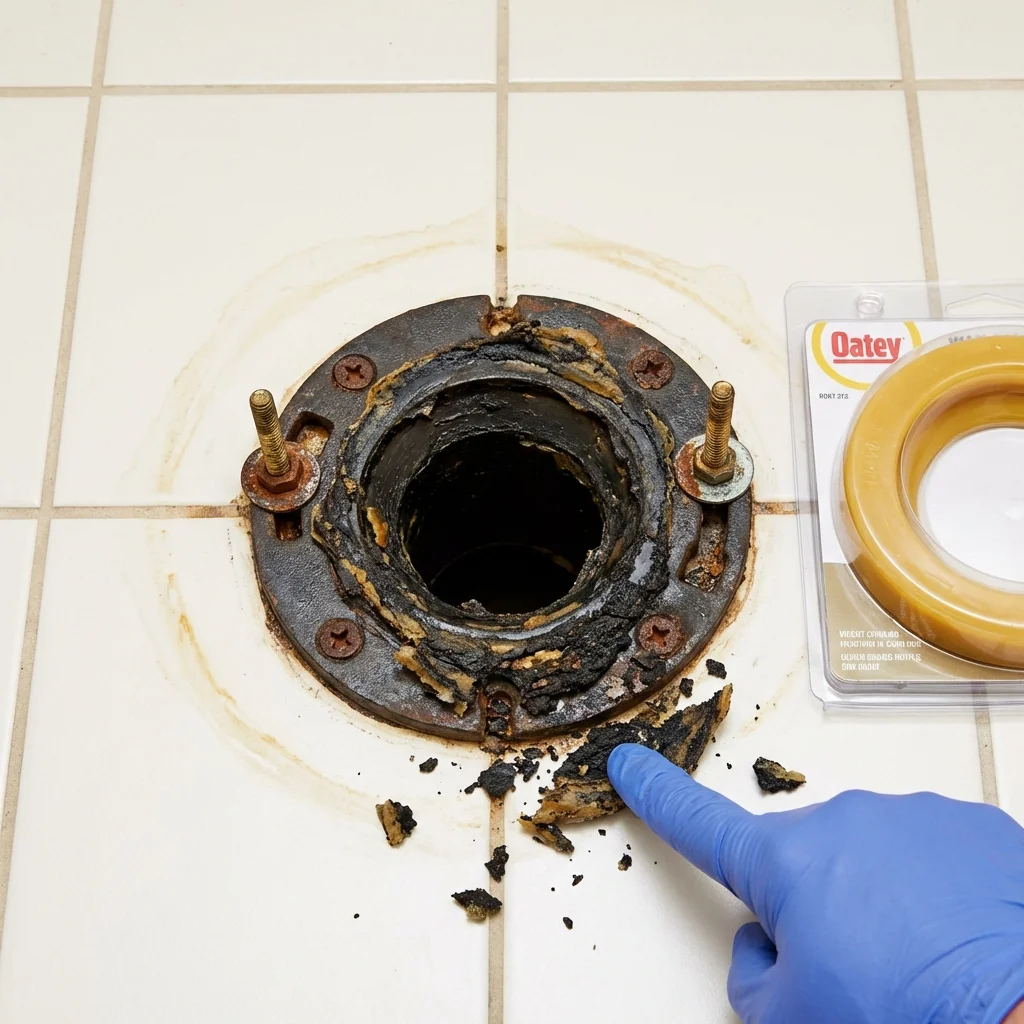 Failed wax ring showing water seepage at the base of a toilet in a Dundee, FL home