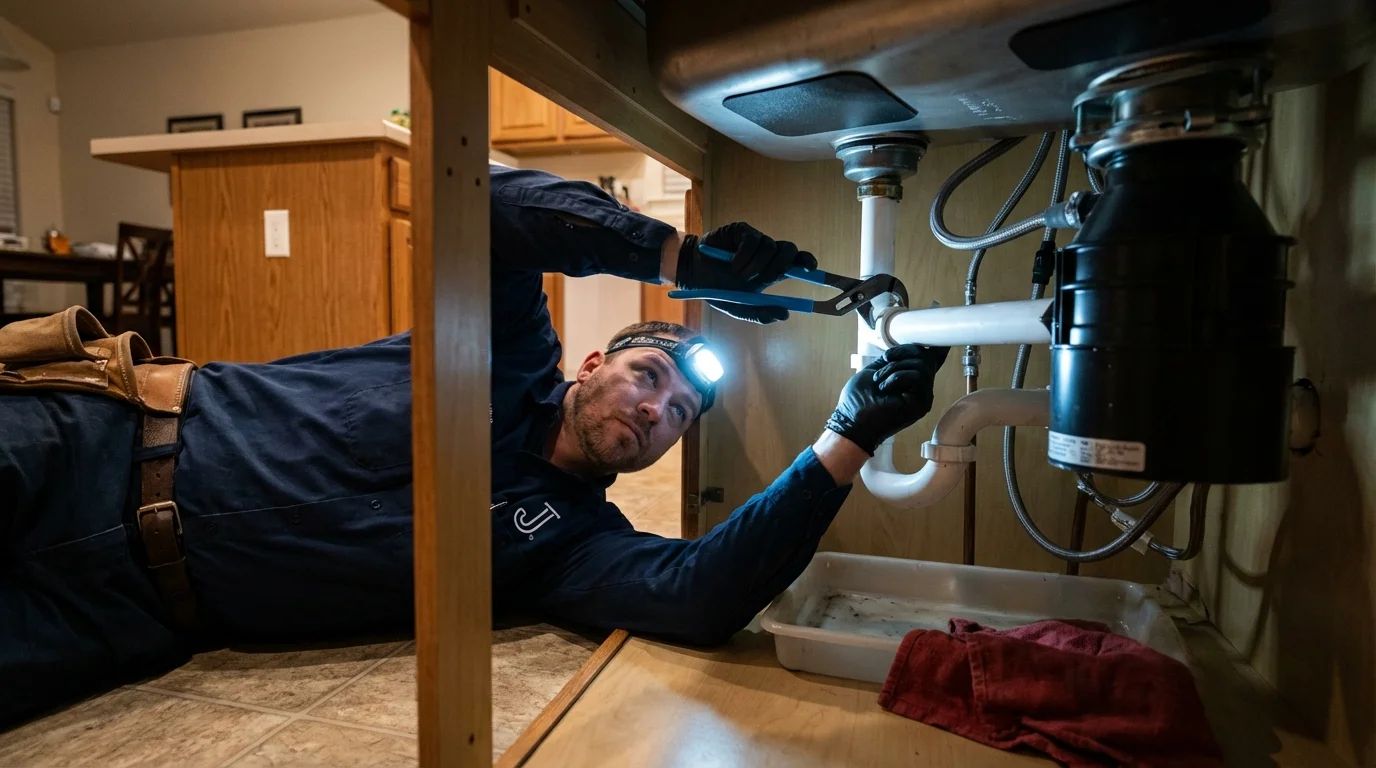 P-trap and supply line connections under a kitchen sink showing a common leak point in Dundee, FL